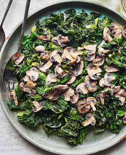 Braised Winter Greens with Crispy Mushrooms