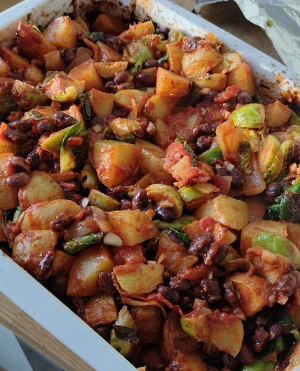 Spicy potatoes brussel sprouts and black bean casserole