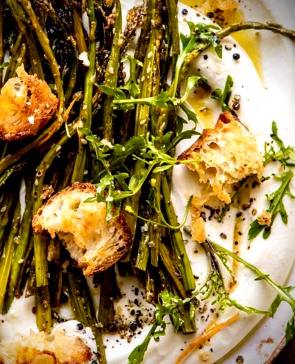 Mutabbal Potatoes With Roasted Asparagus