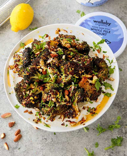 Roasted Broccoli with Sizzling Garlic-Chili Oil & Spiced Yogurt