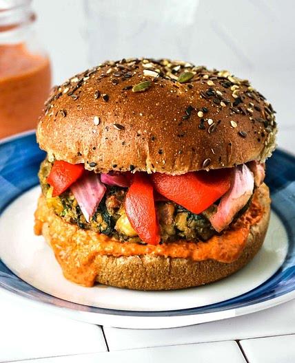 Chickpea Pesto Burgers with Roasted-Red Pepper Sauce