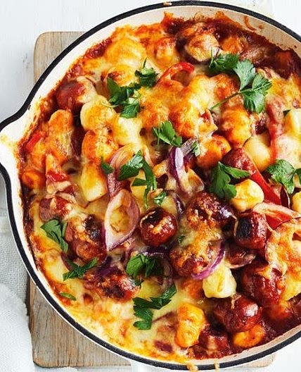 10-minute dairy free cheesy gluten gnocchi and meatball bake