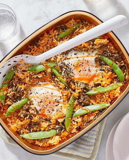 Oven-Baked Korean Eggs & Rice with Spinach, Kimchi & Sesame Seeds