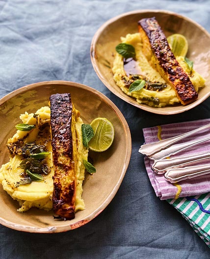 Crispy salmon with curry butter mash recipe