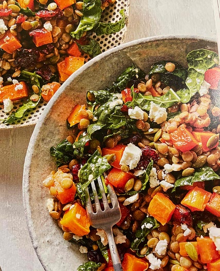 Roasted butternut squash, kale, and lentil salad