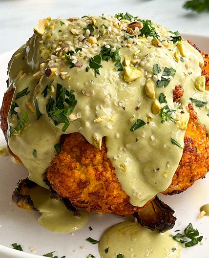 Easy Whole Roasted Cauliflower with Protein-Packed Sauce
