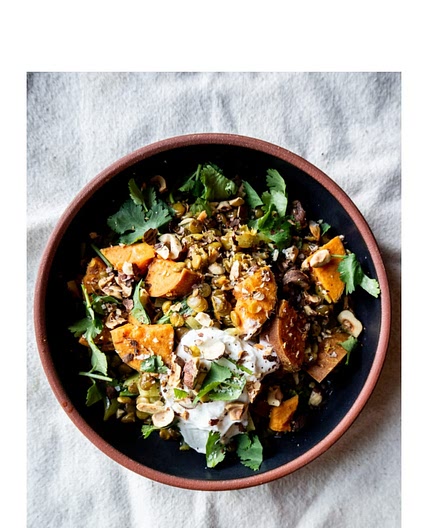 Curried lentils, sweet potato and hazelnuts