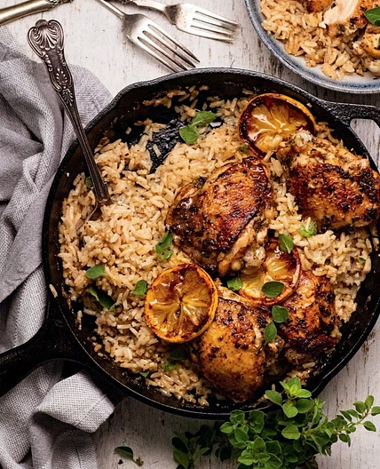 ONE-POT BAKED GREEK CHICKEN & LEMON RICE