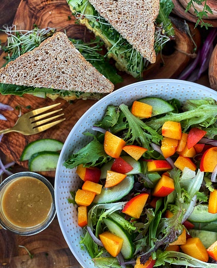 Summer Peach Salad with Peach Dijon Dressing | Plantiful Kiki