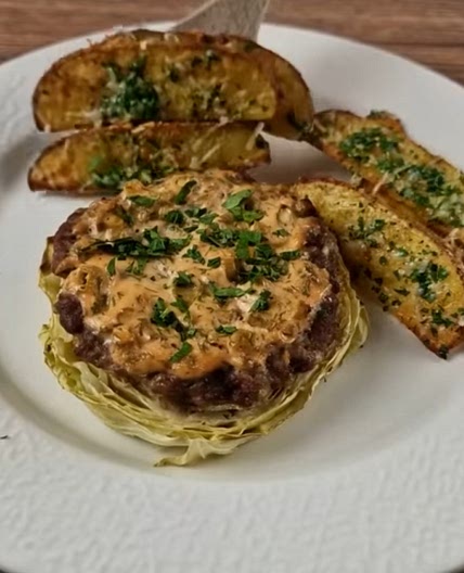 Cabbage steaks with ground turkey and yogurt dressing