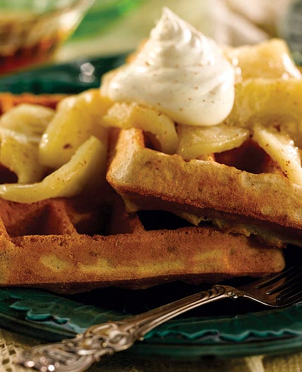 Belgian Pecan Waffles with Cinnamon Apples and Whipped Cream