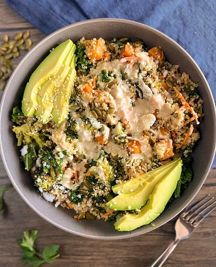 Warm Roasted Veggie Quinoa Salad with Creamy Sesame Dressing
