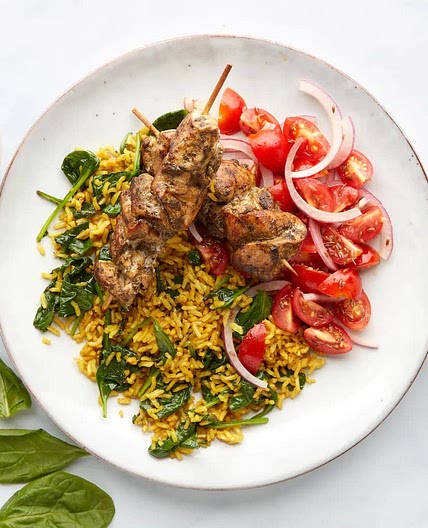 Chicken Kebabs with Golden Rice & Tomato Salad