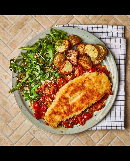 Breaded basa with tomato and basil sauce