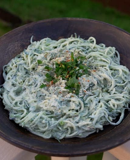 Cucumber noodles with creamy lemon garlic sauce