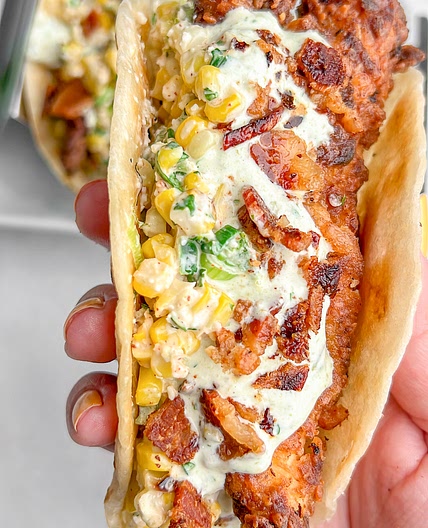 Fried Chicken Street Corn Tacos with Bacon and Jalapeno Lime Ranch...