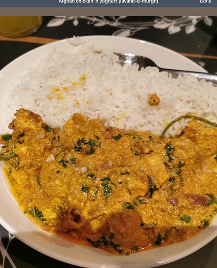 Afghan chicken in yogurt (lavand-e-murgh)