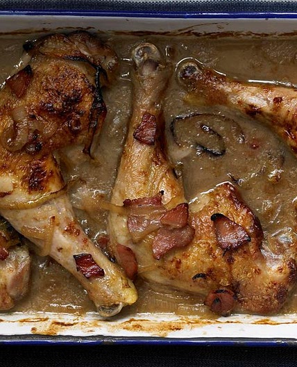 Chicken braised with cider and bacon