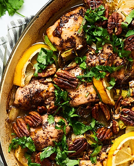 Middle Eastern Sumac Chicken with Date Syrup, Lemon and Pecans