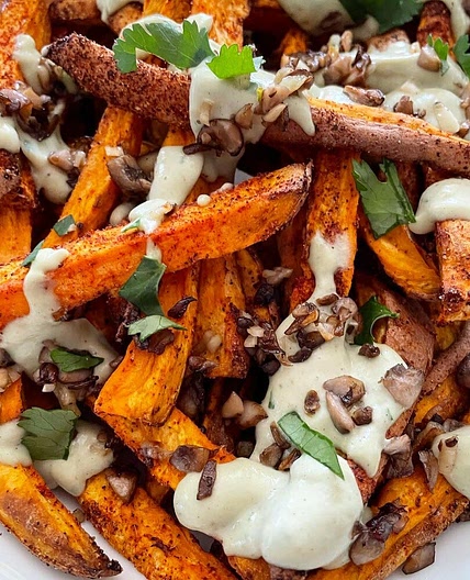 Baked oyster mushroom with sweet potato fries
