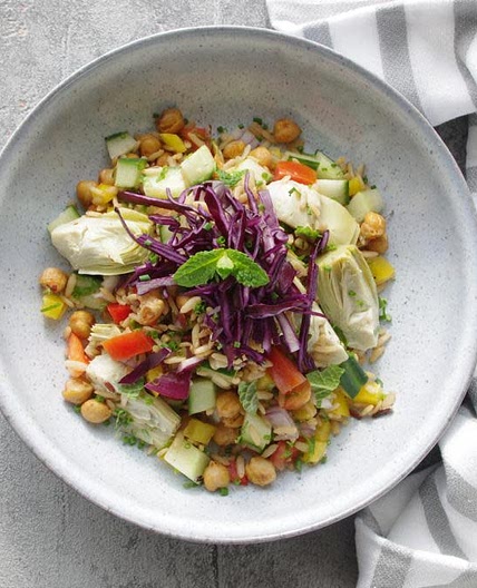 Chickpea, wild rice and artichoke salad
