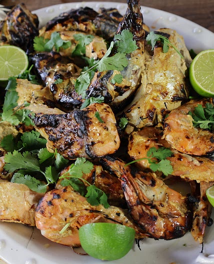 Tandoor Salmon, Prawns and Mackerel, with a Green Lentil Curry -