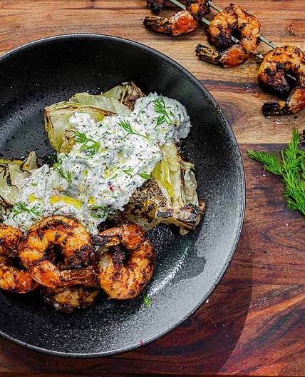 Grilled Lettuce with Peppery Tzatziki & Spicy Shrimp - Fit Men Cook