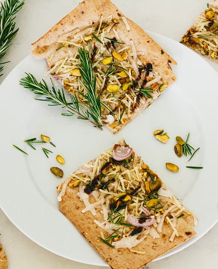 Pistachio, Rosemary, and Shallot Lavash Pizza with Balsamic Reduction
