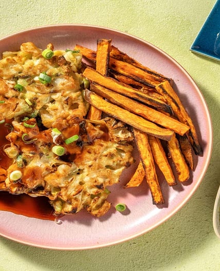 Okonomiyaki Inspired Cabbage & Spring Onion Fritters with Tonkatsu Style Sauce, Sweet Potato and Sesame Cucumber Salad