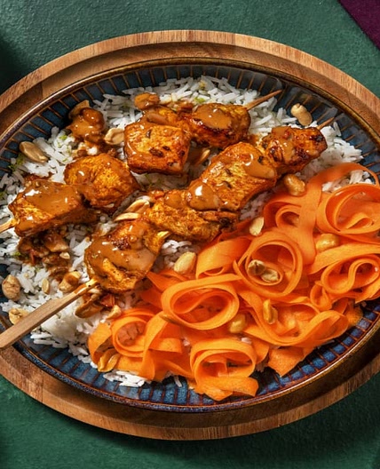 Ultimate Chicken Satay Skewers with Peanut Sauce, Pickled Carrot Ribbons and Zesty Rice