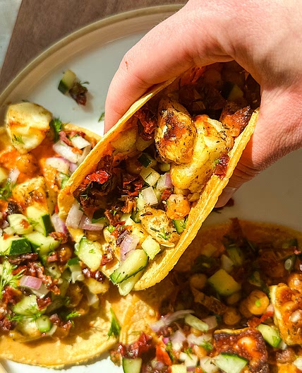 Halloumi and Chickpea Tacos with Cucumber Salsa