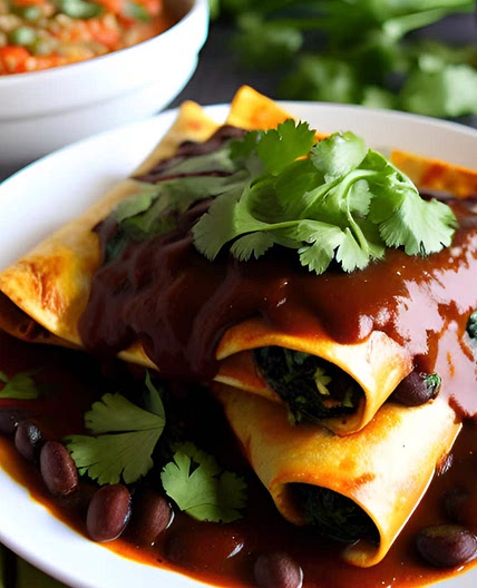 Vegan Enfrijoladas Oaxaqueñas with spinach