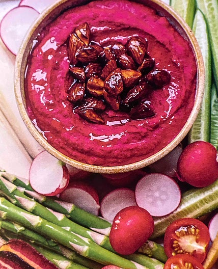 Beetroot dip with smoky almond crunch