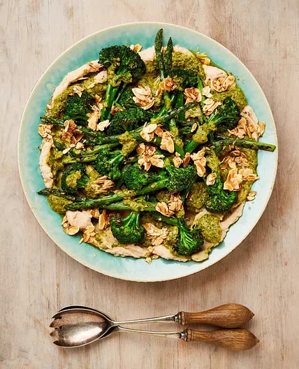 Grilled broccolini and asparagus with green pepper salsa and butter beans