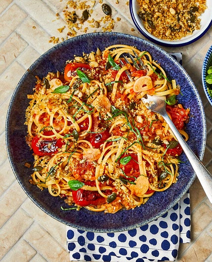 Roasted tomato linguine with pine nut and seed pangrattato