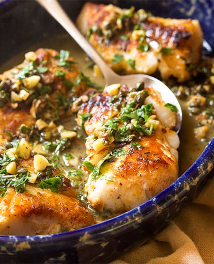Baked Fish w/ Lemon, Basil, Caper Salsa