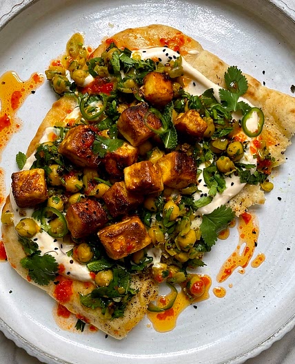 BBQ paneer flatbreads with chickpea and coriander salad