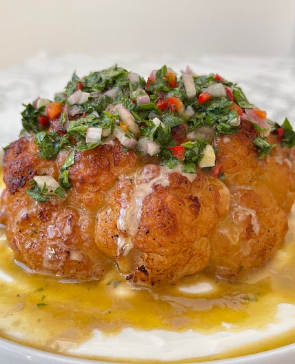 WHOLE ROASTED CAULIFLOWER WITH TAHINI AND CHIMICHURRI — Desert I