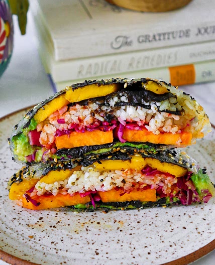 Crispy Rice Paper Rainbow Onigirazu (vegan sushi sandwich)