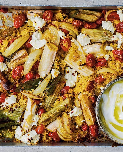 Baked leeks, tomatoes, bulgur wheat and feta with garlic yogurt 
