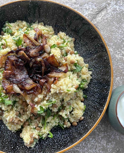 Lentils & Bulgar Wheat with Caramelised Onions