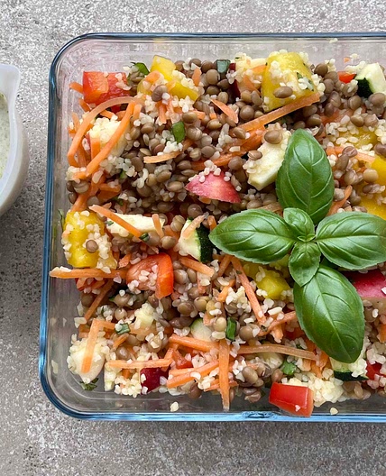 Lentil and Bulgar Wheat salad with Pesto Sauce