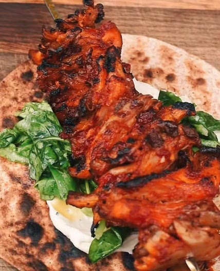 Rose harissa oyster mushroom skewers