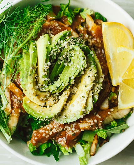 Chopped Romaine & Sautéed Fennel Salad with Hemp Seeds, Avocado & Miso Dressing
