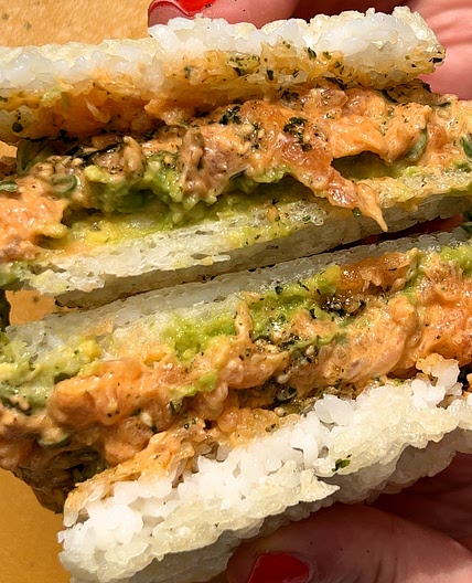 Spicy Salmon Crispy Rice Waffle Sandwich