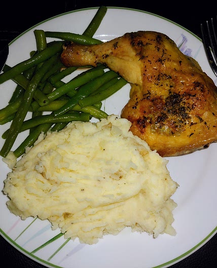 Herb-Baked Chicken Quarters with Buttery Garlic Green Beans and Creamy Mashed Potatoes