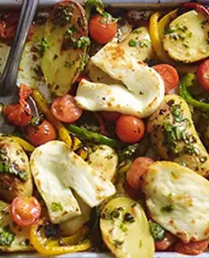 Mediterranean roasted halloumi with basil dressing