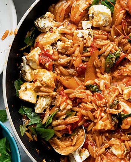 Ottolenghi’s Orzo with Prawns, Tomato and Marinated Feta