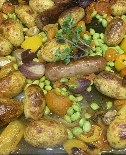 Sausage, Bean, New Potato and Tomato Traybake