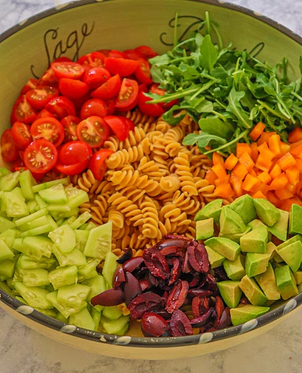 Rainbow Pasta Salad with Creamy Italian Dressing (vegan, gluten free, grain free)